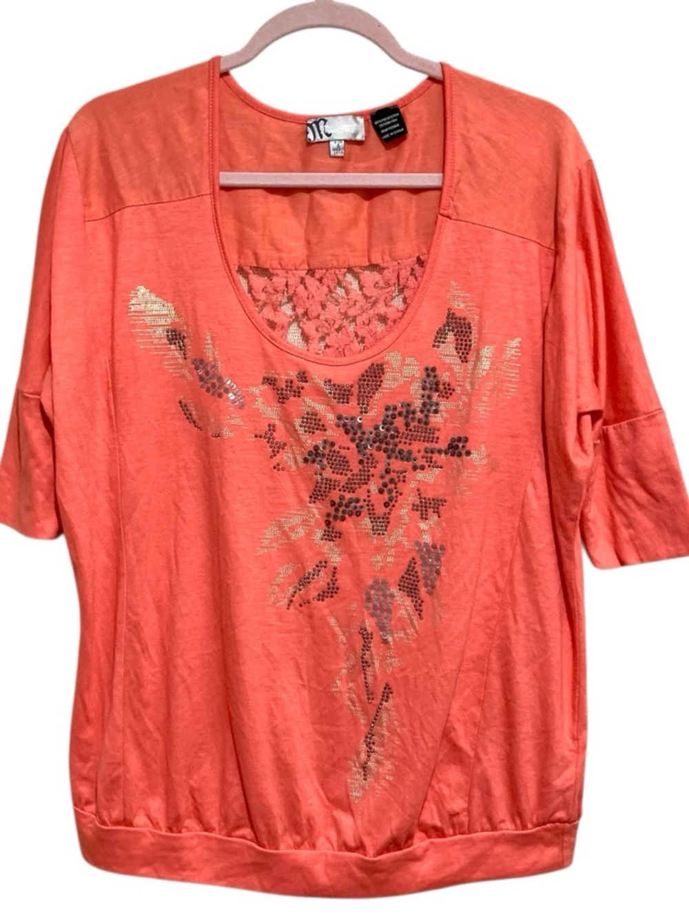 Miss Me Blouse 3/4 Sleeve Coral Size Small Loose Fit Silk Lace Floral Back